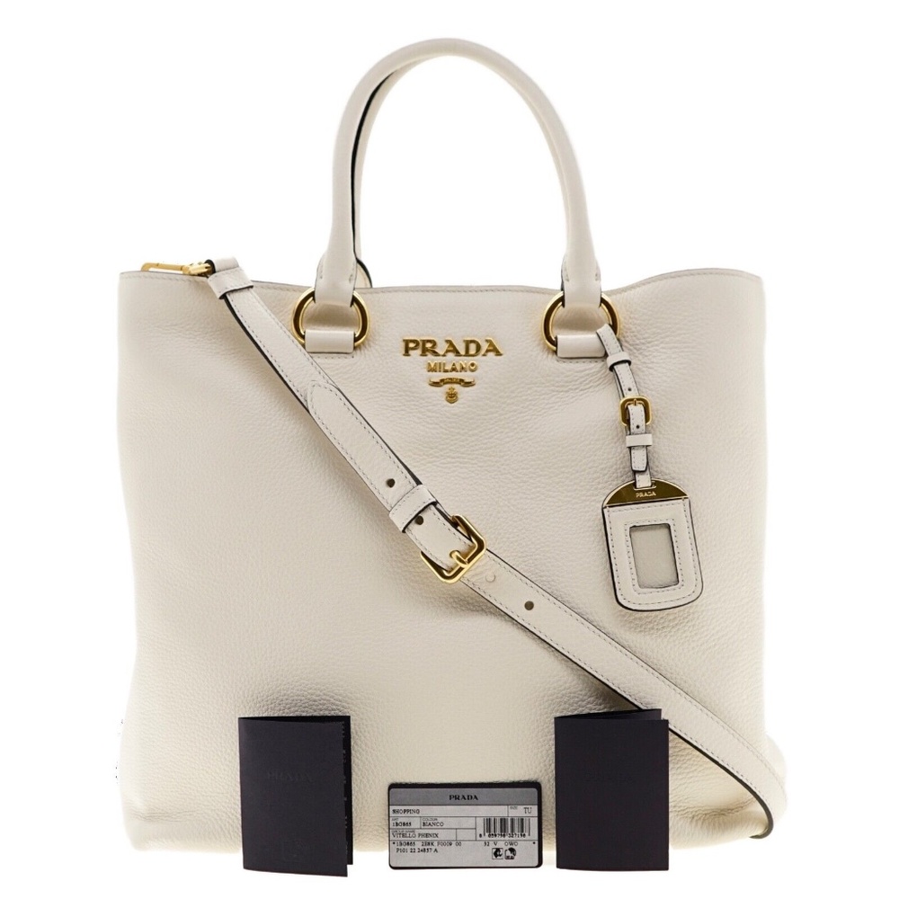 Prada Tote Large Shopping Shoulder Bag Vitello Phenix White Leather 1BG865 New - Picture 4 of 7